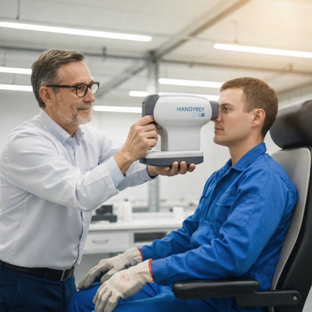 Optometrista realizando examen visual a trabajador de planta industrial